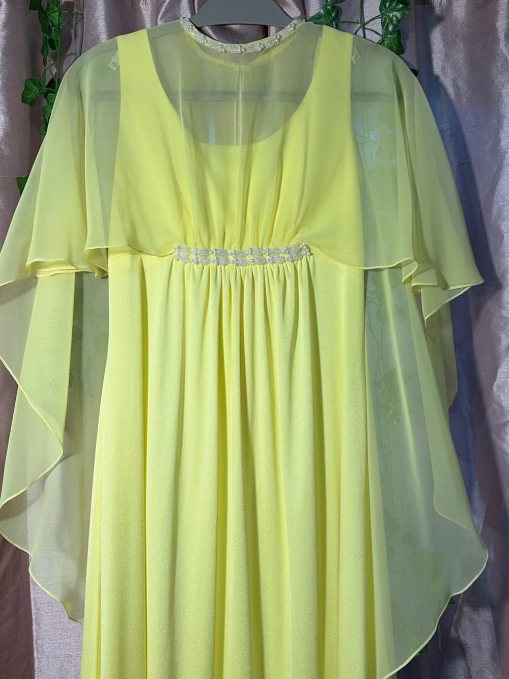 Vintage Lemon Yellow Chiffon Formal Dress with Beaded Waist